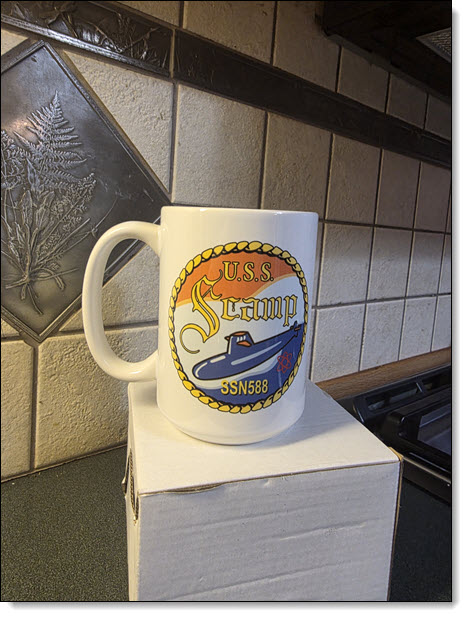 USS Scamp 16 ounce coffee mug, front side with Scamp logo