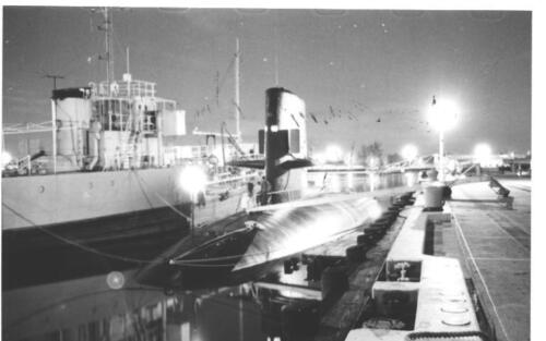 Night shot of Scamp in Pearl Harbor