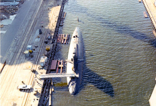 Aerial view of USS Scamp at Yokosuka Naval Base. Westpac 1973